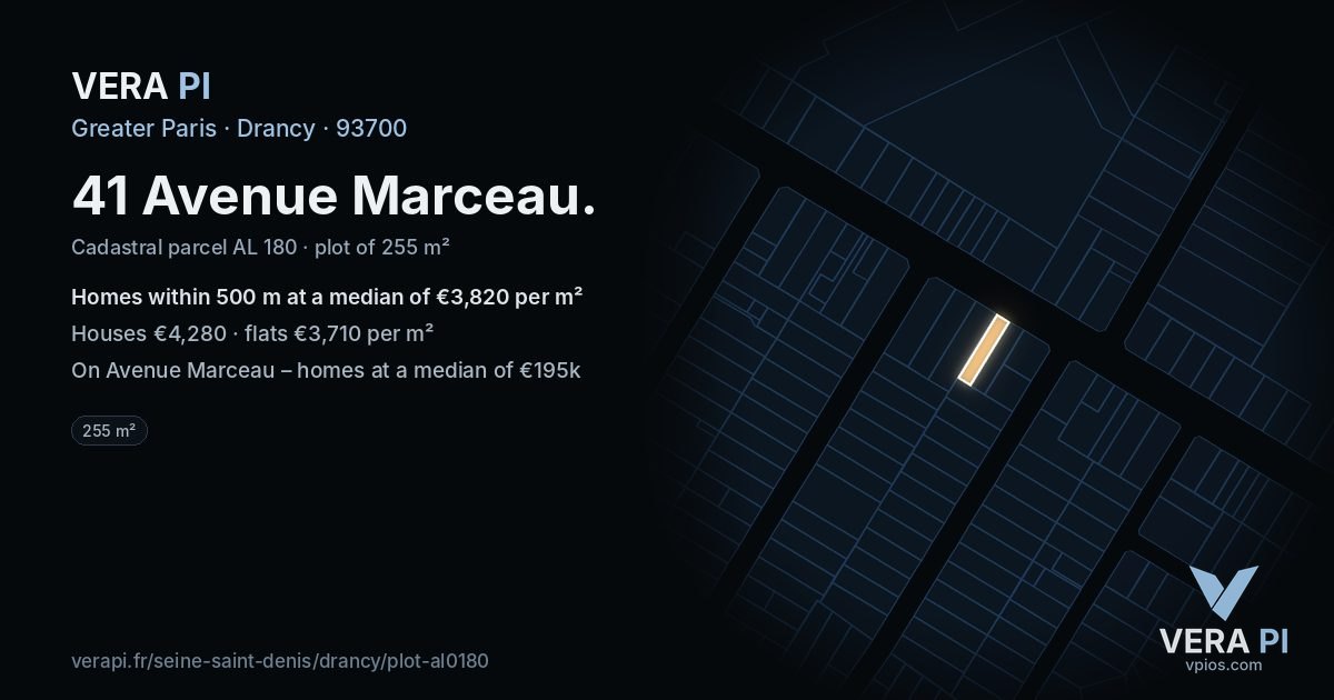 41 Avenue Marceau, Drancy at night – the plot lit, the parcels around coloured by the prices near them