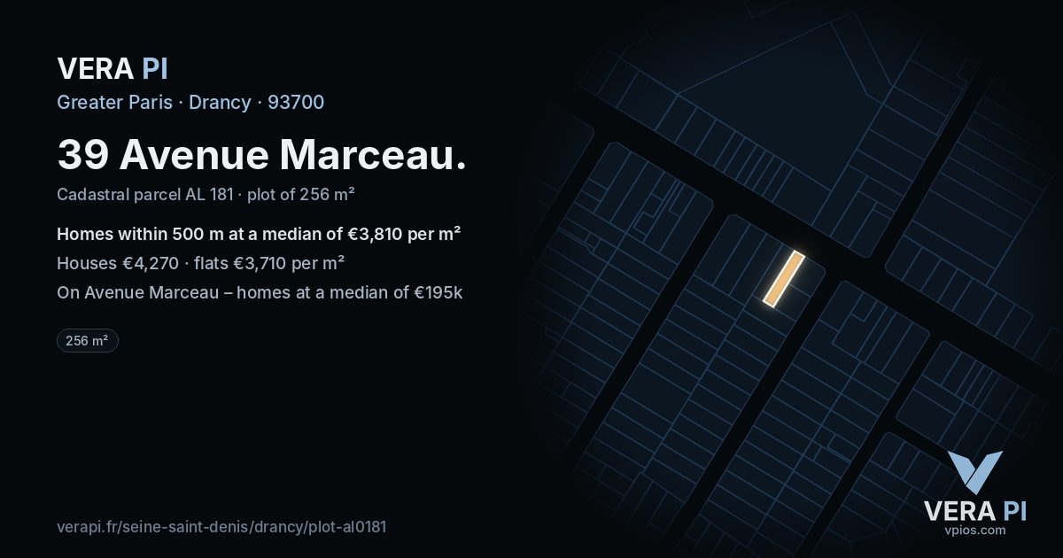 39 Avenue Marceau, Drancy at night – the plot lit, the parcels around coloured by the prices near them