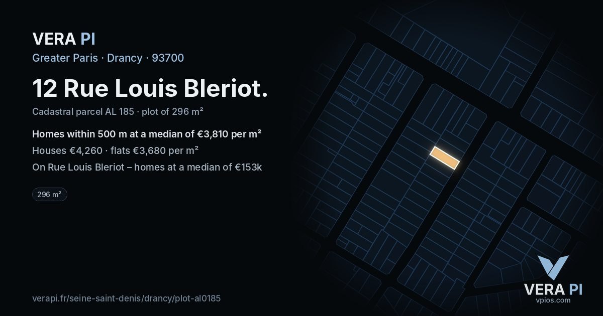 12 Rue Louis Bleriot, Drancy at night – the plot lit, the parcels around coloured by the prices near them