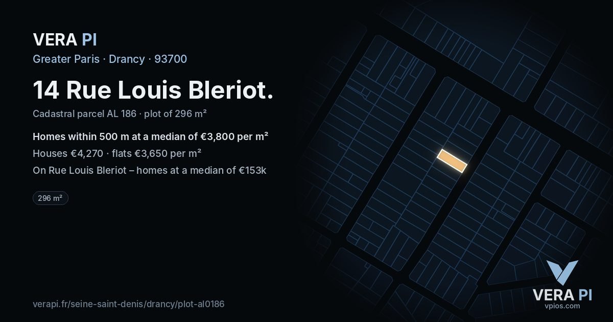 14 Rue Louis Bleriot, Drancy at night – the plot lit, the parcels around coloured by the prices near them