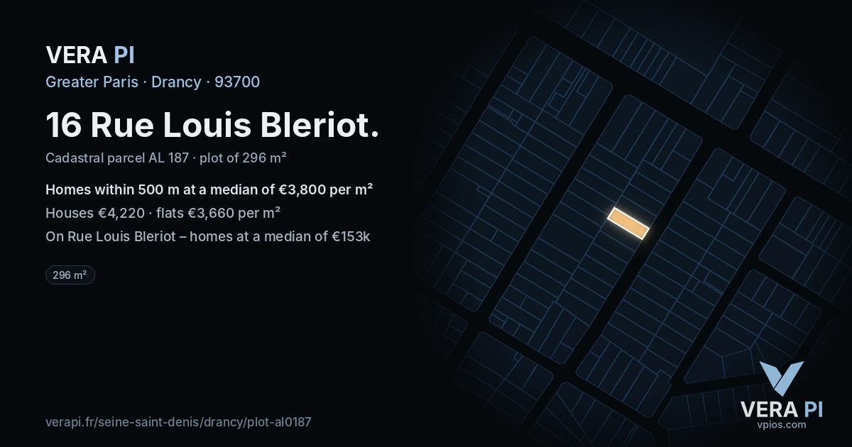 16 Rue Louis Bleriot, Drancy at night – the plot lit, the parcels around coloured by the prices near them