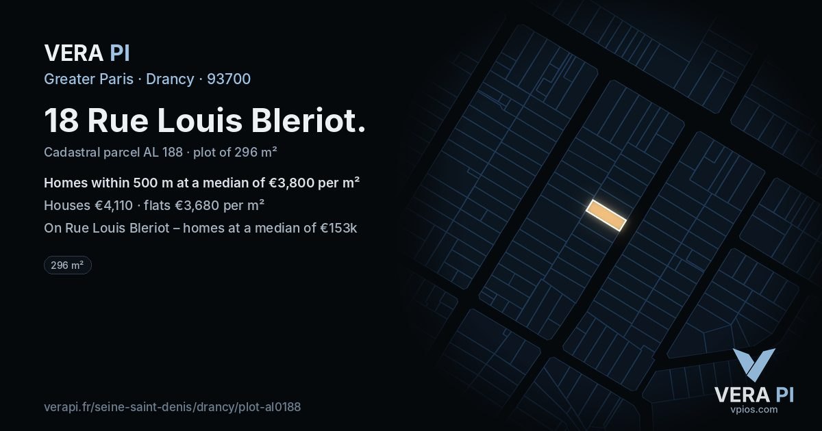 18 Rue Louis Bleriot, Drancy at night – the plot lit, the parcels around coloured by the prices near them