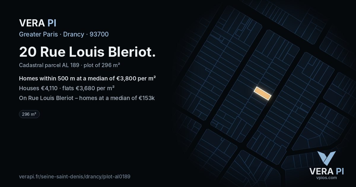 20 Rue Louis Bleriot, Drancy at night – the plot lit, the parcels around coloured by the prices near them