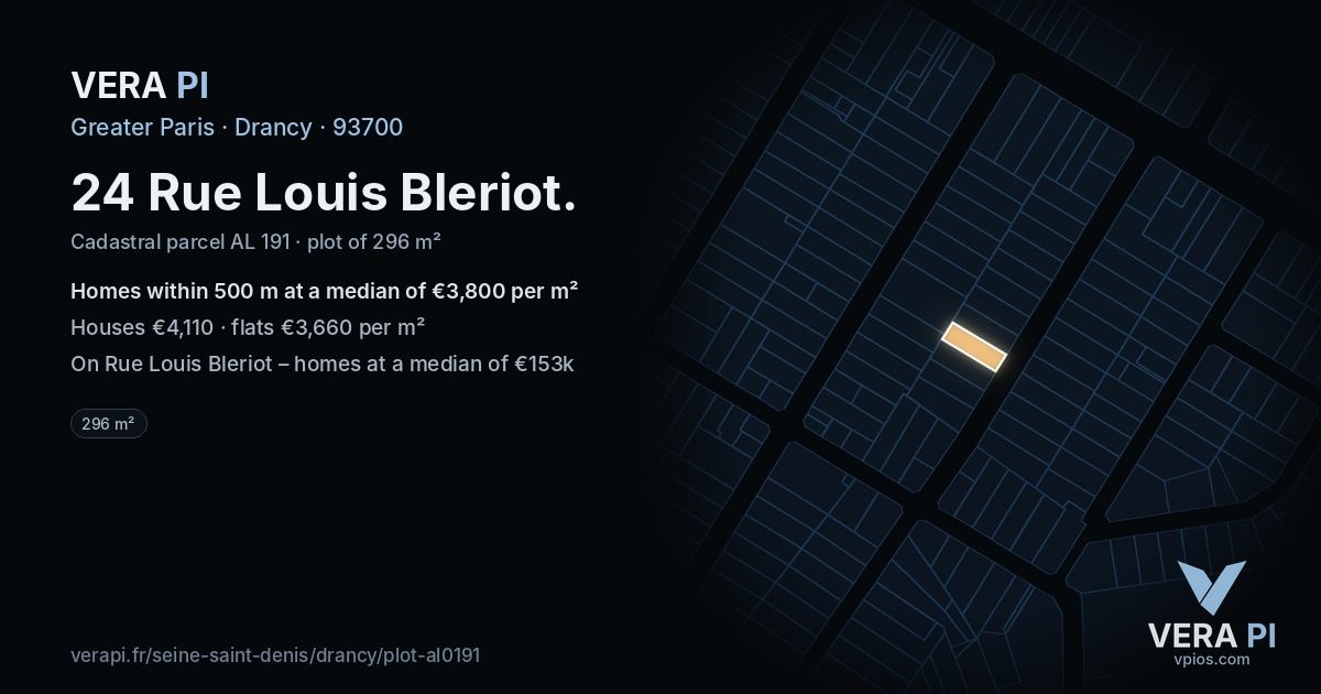 24 Rue Louis Bleriot, Drancy at night – the plot lit, the parcels around coloured by the prices near them