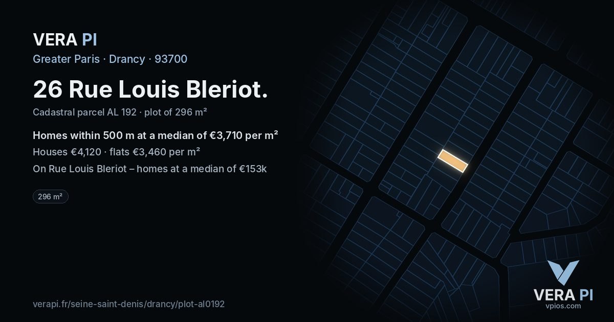 26 Rue Louis Bleriot, Drancy at night – the plot lit, the parcels around coloured by the prices near them