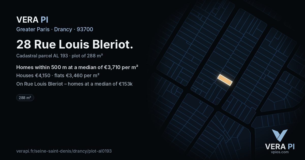 28 Rue Louis Bleriot, Drancy at night – the plot lit, the parcels around coloured by the prices near them