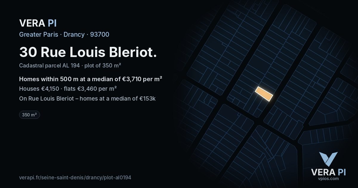 30 Rue Louis Bleriot, Drancy at night – the plot lit, the parcels around coloured by the prices near them