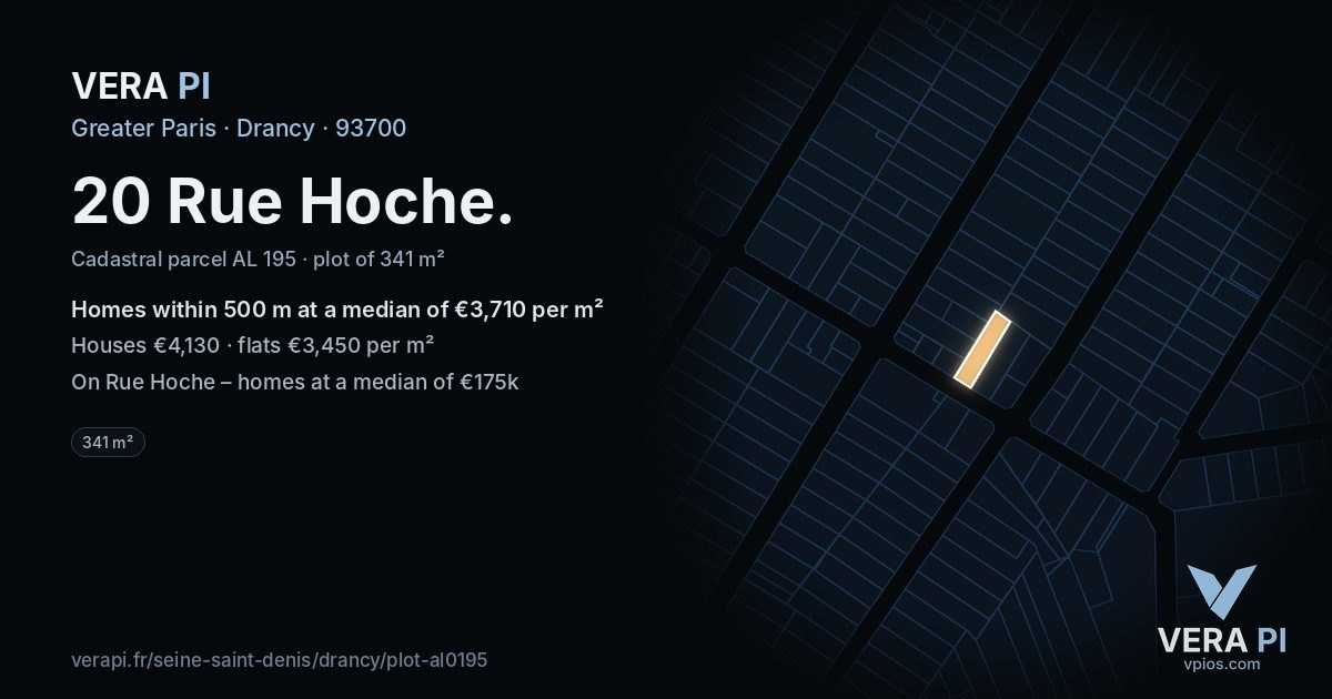 20 Rue Hoche, Drancy at night – the plot lit, the parcels around coloured by the prices near them