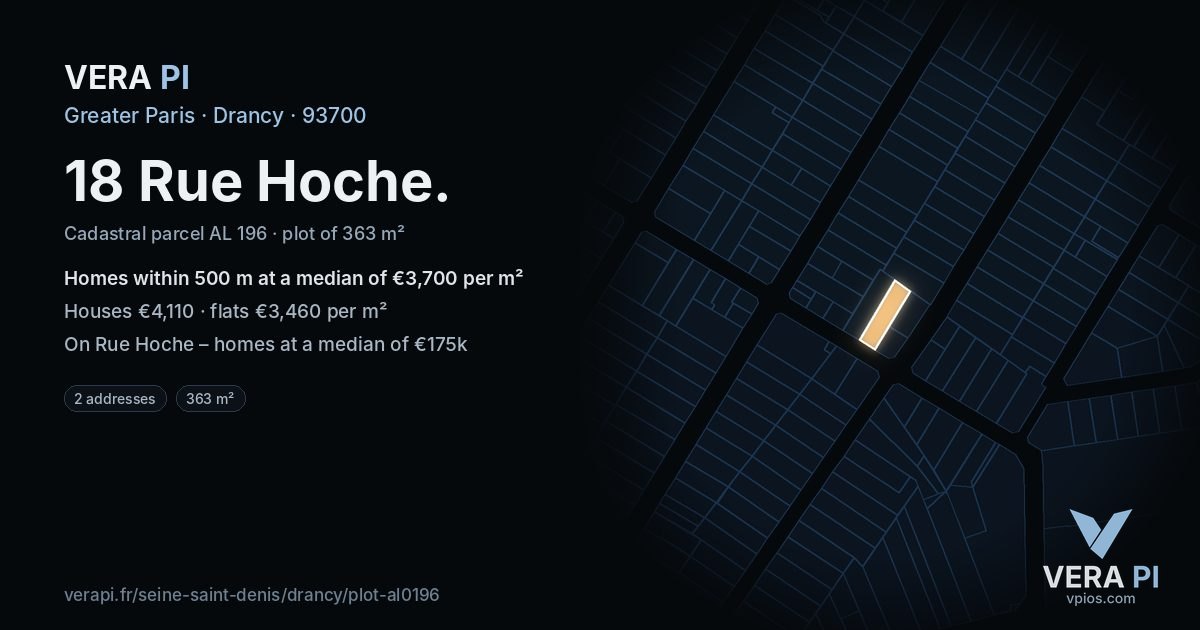 18 Rue Hoche, Drancy at night – the plot lit, the parcels around coloured by the prices near them
