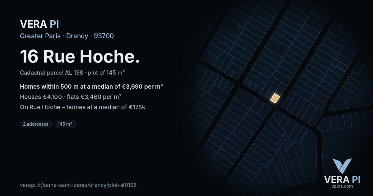 16 Rue Hoche, Drancy at night – the plot lit, the parcels around coloured by the prices near them