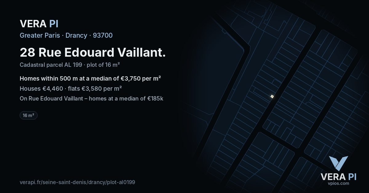 28 Rue Edouard Vaillant, Drancy at night – the plot lit, the parcels around coloured by the prices near them