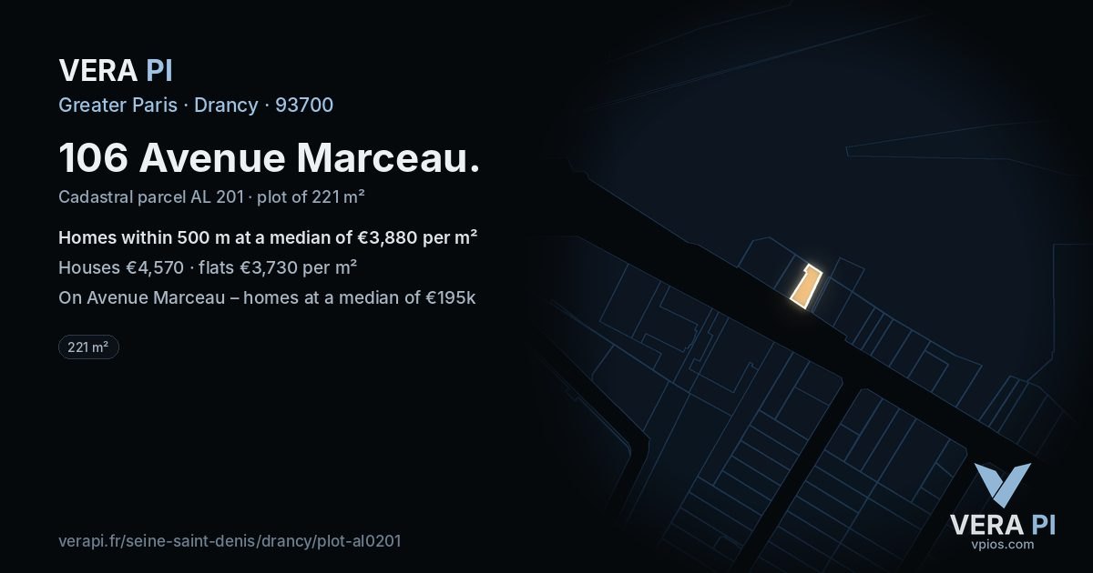 106 Avenue Marceau, Drancy at night – the plot lit, the parcels around coloured by the prices near them