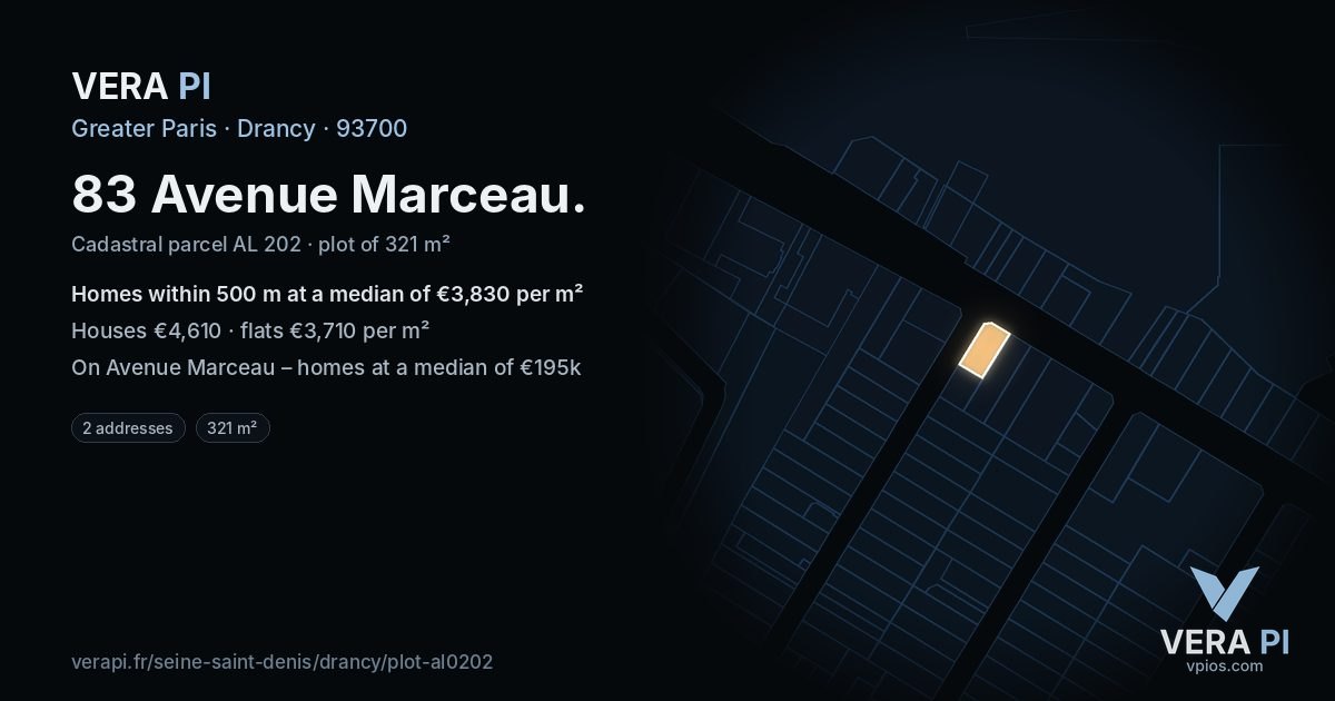 83 Avenue Marceau, Drancy at night – the plot lit, the parcels around coloured by the prices near them