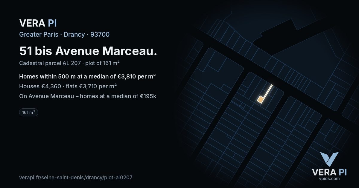 51 bis Avenue Marceau, Drancy at night – the plot lit, the parcels around coloured by the prices near them