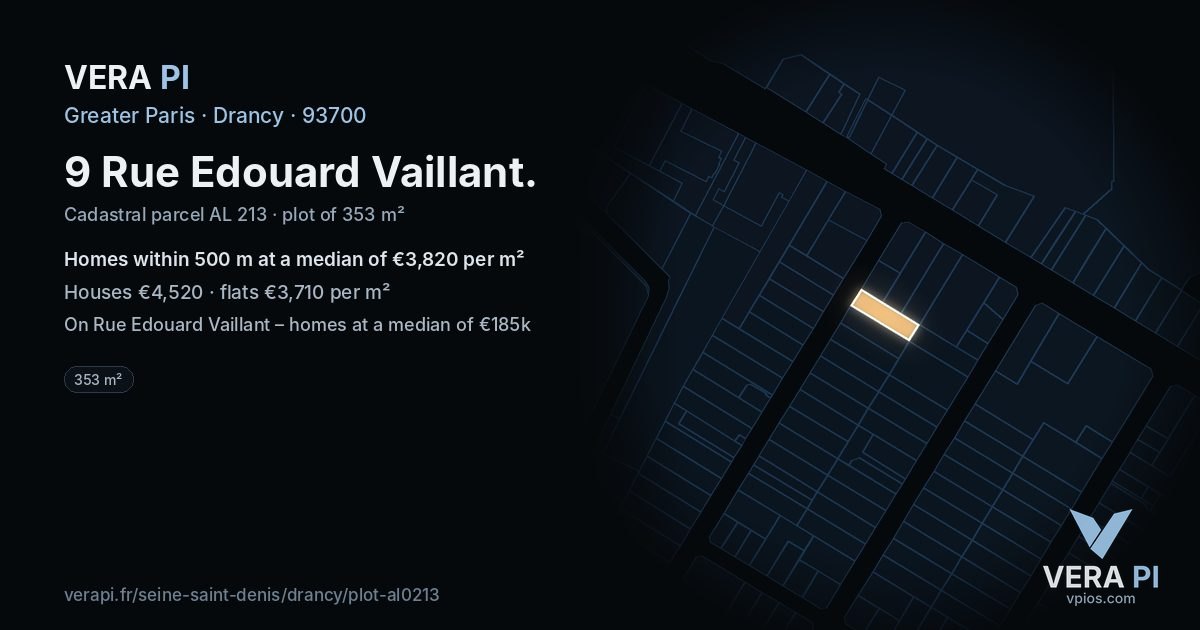 9 Rue Edouard Vaillant, Drancy at night – the plot lit, the parcels around coloured by the prices near them