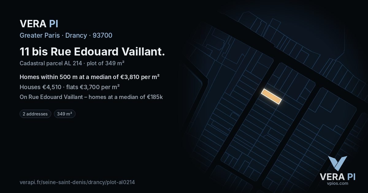 11 bis Rue Edouard Vaillant, Drancy at night – the plot lit, the parcels around coloured by the prices near them