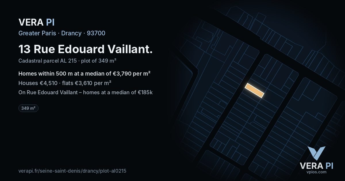 13 Rue Edouard Vaillant, Drancy at night – the plot lit, the parcels around coloured by the prices near them