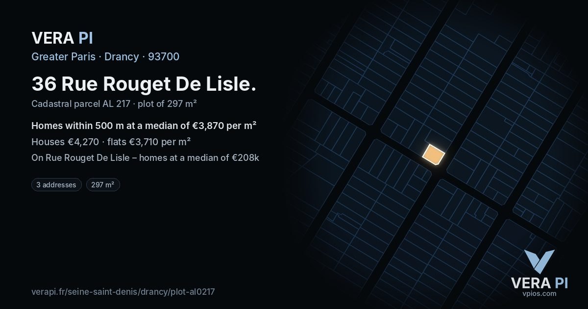 36 Rue Rouget De Lisle, Drancy at night – the plot lit, the parcels around coloured by the prices near them