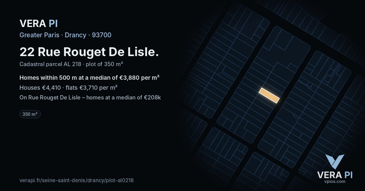 22 Rue Rouget De Lisle, Drancy at night – the plot lit, the parcels around coloured by the prices near them
