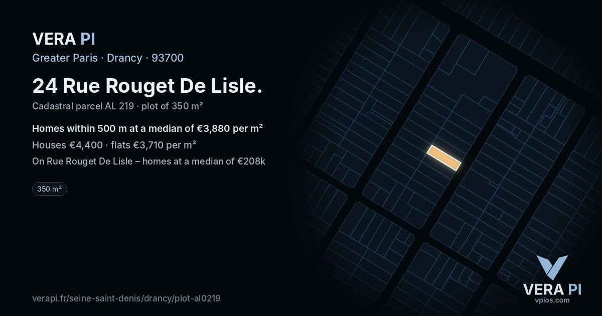 24 Rue Rouget De Lisle, Drancy at night – the plot lit, the parcels around coloured by the prices near them