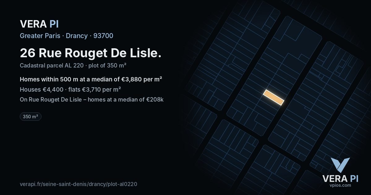 26 Rue Rouget De Lisle, Drancy at night – the plot lit, the parcels around coloured by the prices near them