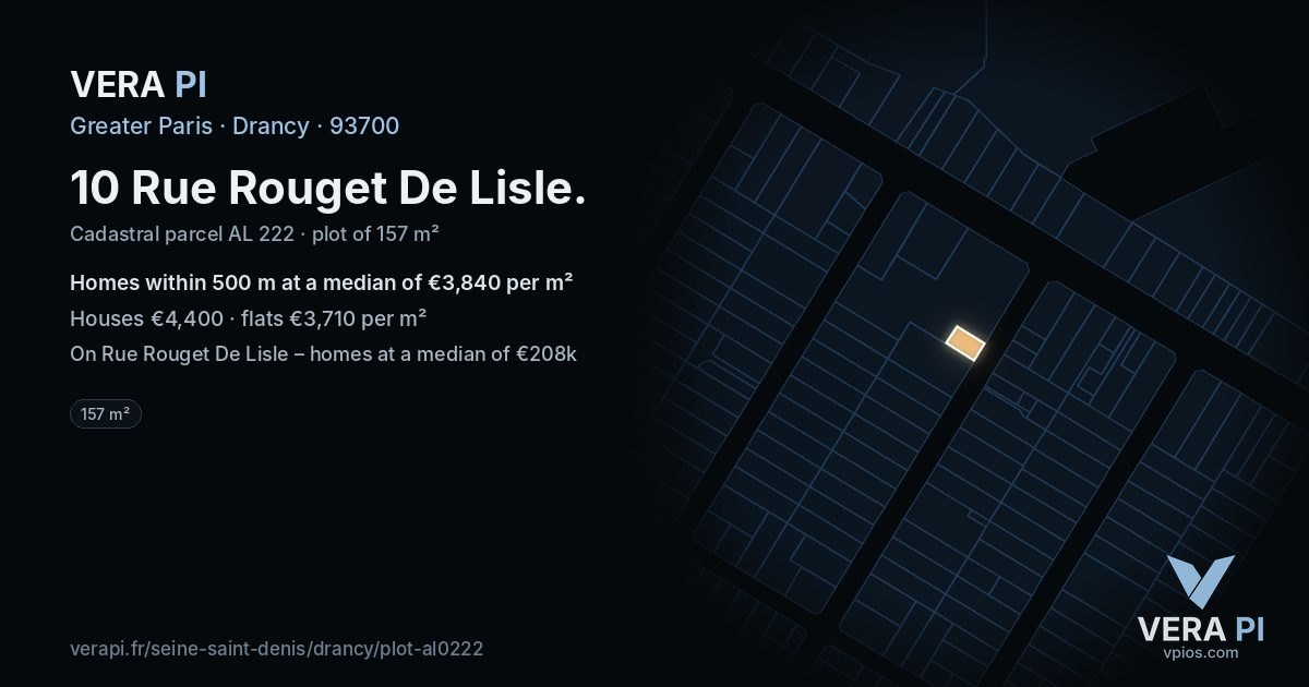 10 Rue Rouget De Lisle, Drancy at night – the plot lit, the parcels around coloured by the prices near them