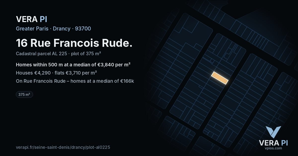 16 Rue Francois Rude, Drancy at night – the plot lit, the parcels around coloured by the prices near them