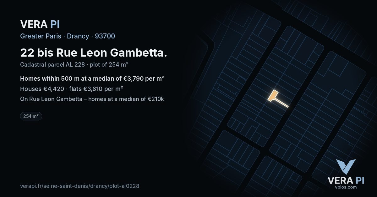 22 bis Rue Leon Gambetta, Drancy at night – the plot lit, the parcels around coloured by the prices near them