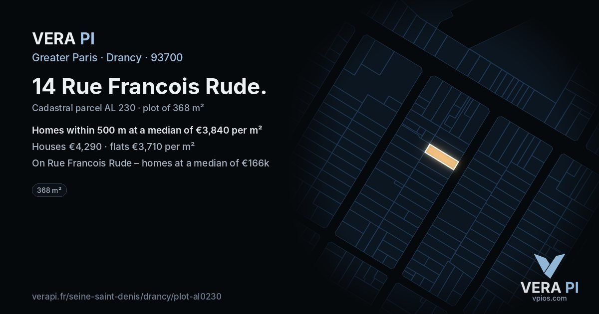 14 Rue Francois Rude, Drancy at night – the plot lit, the parcels around coloured by the prices near them
