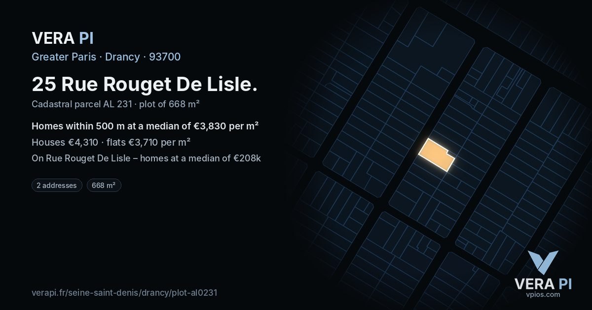25 Rue Rouget De Lisle, Drancy at night – the plot lit, the parcels around coloured by the prices near them