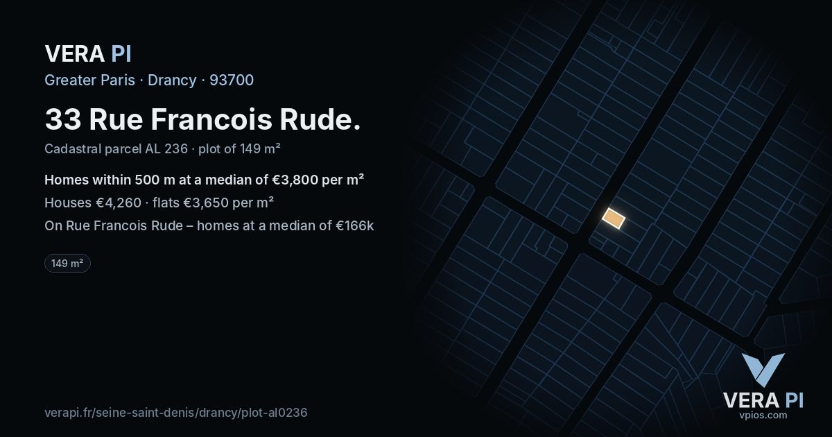 33 Rue Francois Rude, Drancy at night – the plot lit, the parcels around coloured by the prices near them