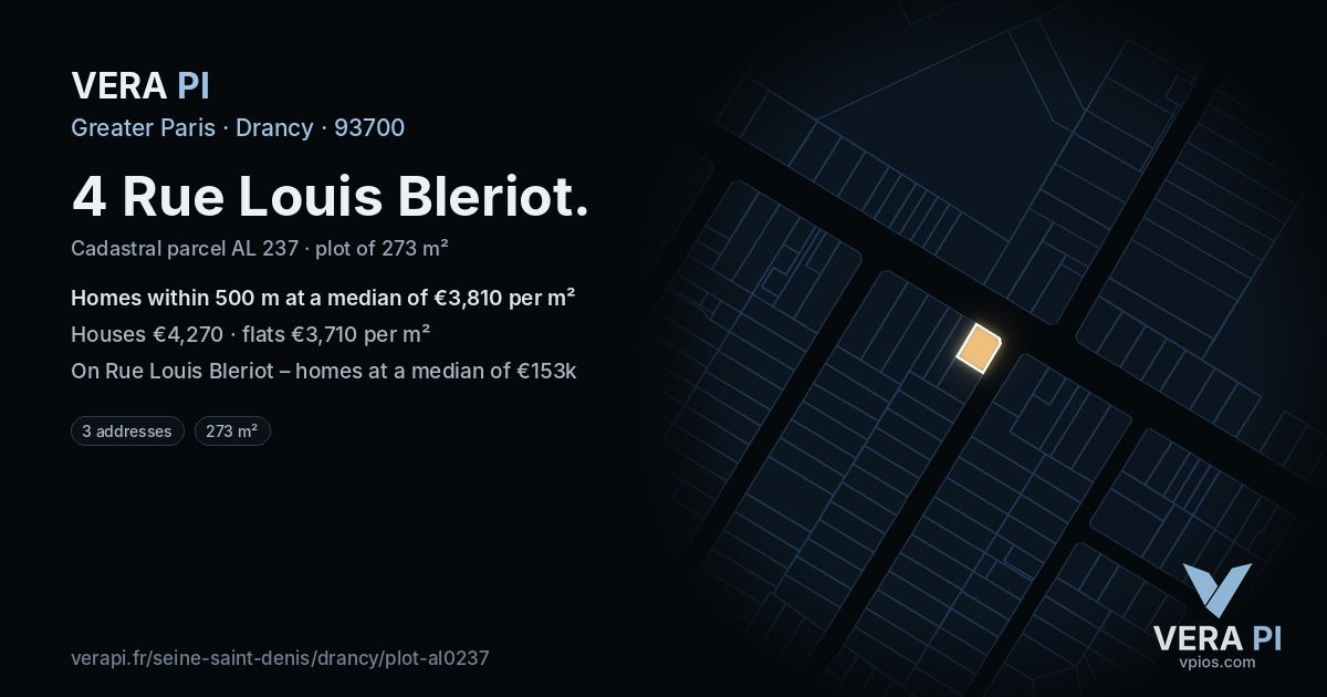 4 Rue Louis Bleriot, Drancy at night – the plot lit, the parcels around coloured by the prices near them
