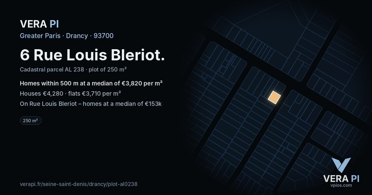 6 Rue Louis Bleriot, Drancy at night – the plot lit, the parcels around coloured by the prices near them