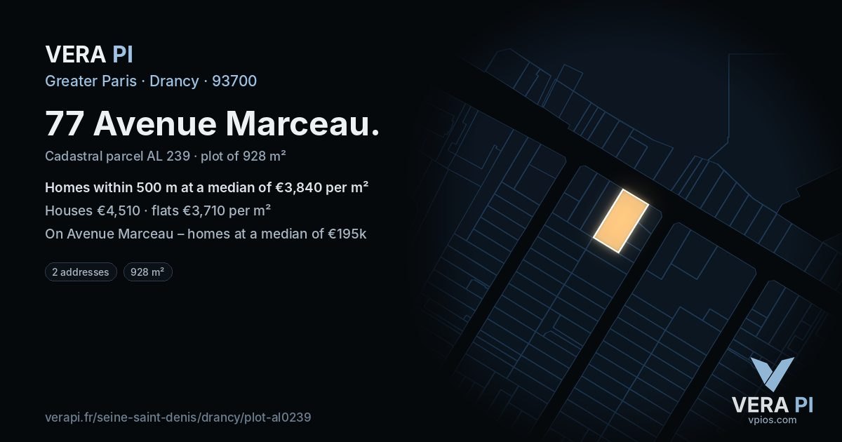 77 Avenue Marceau, Drancy at night – the plot lit, the parcels around coloured by the prices near them