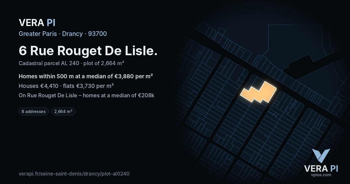 6 Rue Rouget De Lisle, Drancy at night – the plot lit, the parcels around coloured by the prices near them