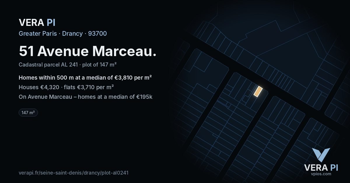 51 Avenue Marceau, Drancy at night – the plot lit, the parcels around coloured by the prices near them