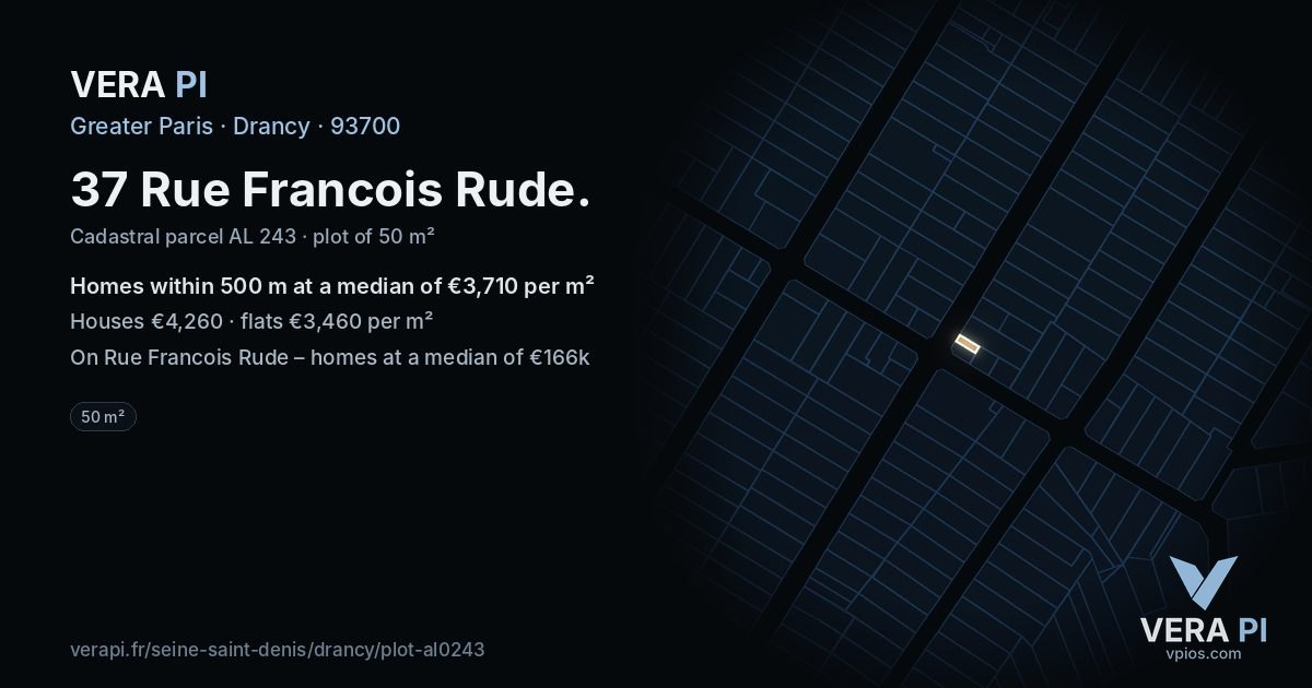 37 Rue Francois Rude, Drancy at night – the plot lit, the parcels around coloured by the prices near them