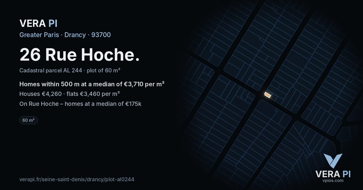 26 Rue Hoche, Drancy at night – the plot lit, the parcels around coloured by the prices near them