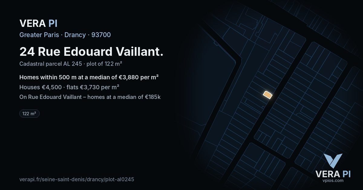 24 Rue Edouard Vaillant, Drancy at night – the plot lit, the parcels around coloured by the prices near them