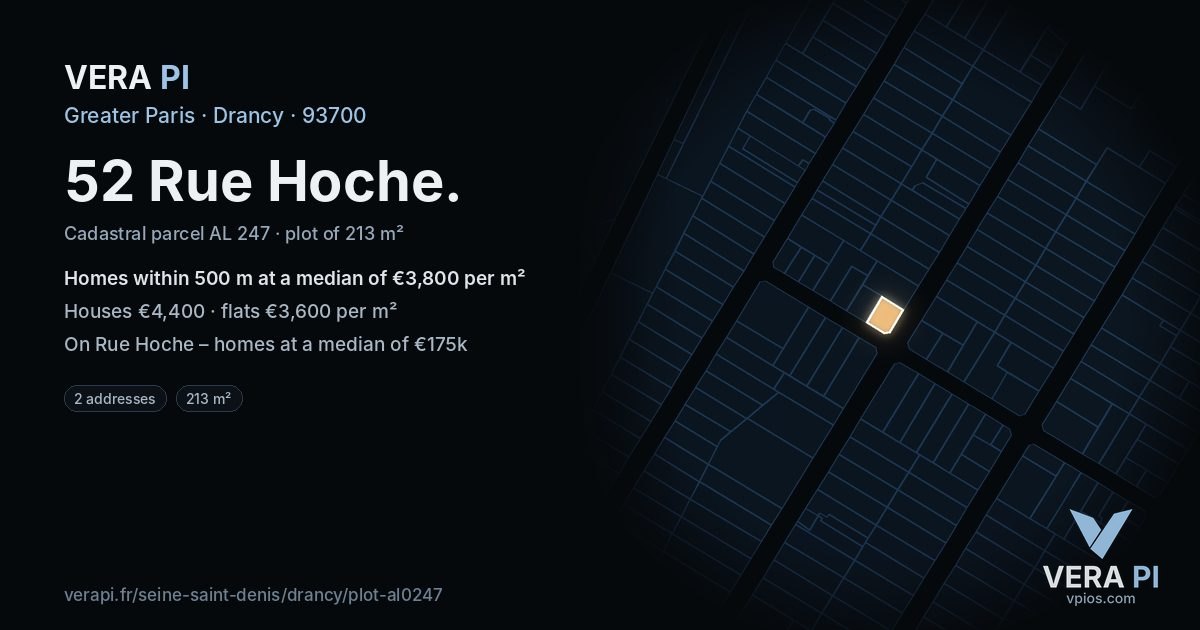 52 Rue Hoche, Drancy at night – the plot lit, the parcels around coloured by the prices near them