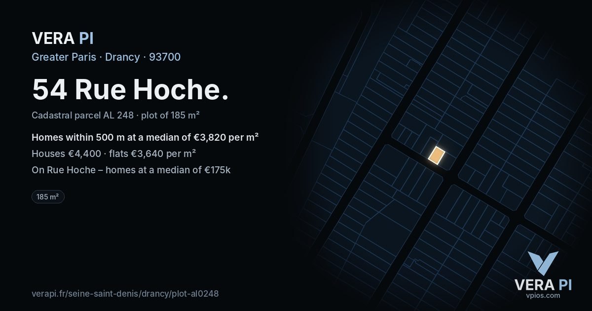 54 Rue Hoche, Drancy at night – the plot lit, the parcels around coloured by the prices near them