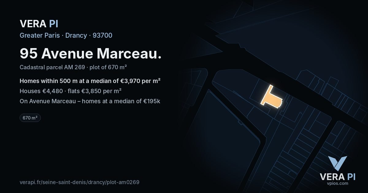 95 Avenue Marceau, Drancy at night – the plot lit, the parcels around coloured by the prices near them
