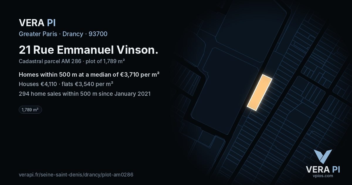 21 Rue Emmanuel Vinson, Drancy at night – the plot lit, the parcels around coloured by the prices near them