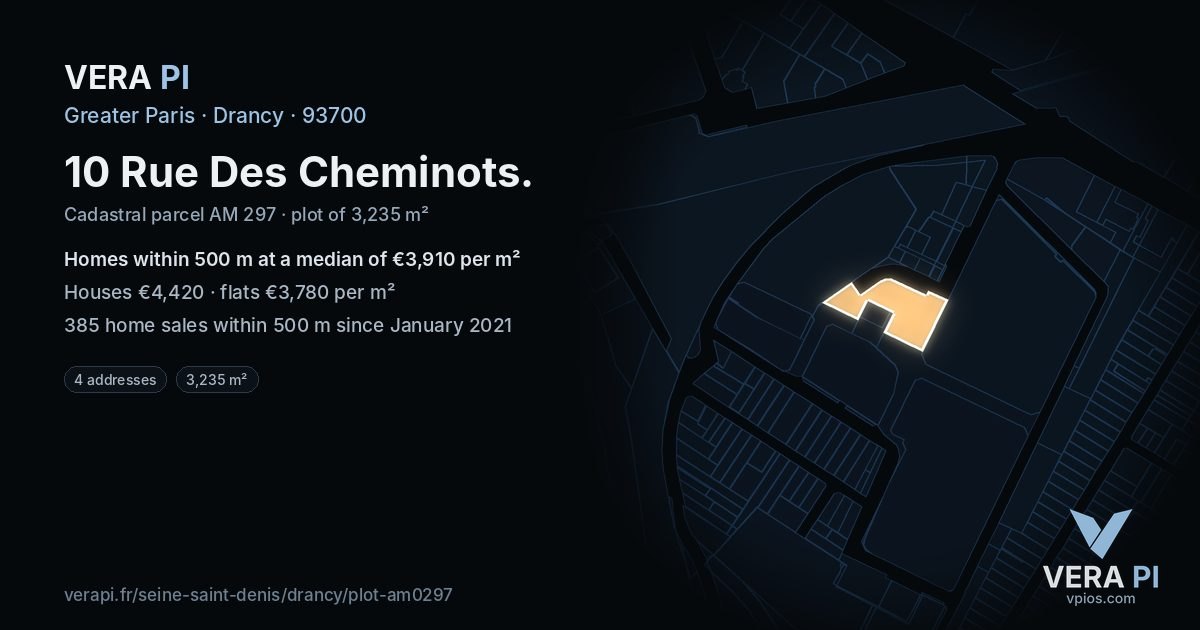 10 Rue Des Cheminots, Drancy at night – the plot lit, the parcels around coloured by the prices near them