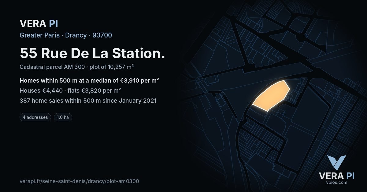 55 Rue De La Station, Drancy at night – the plot lit, the parcels around coloured by the prices near them