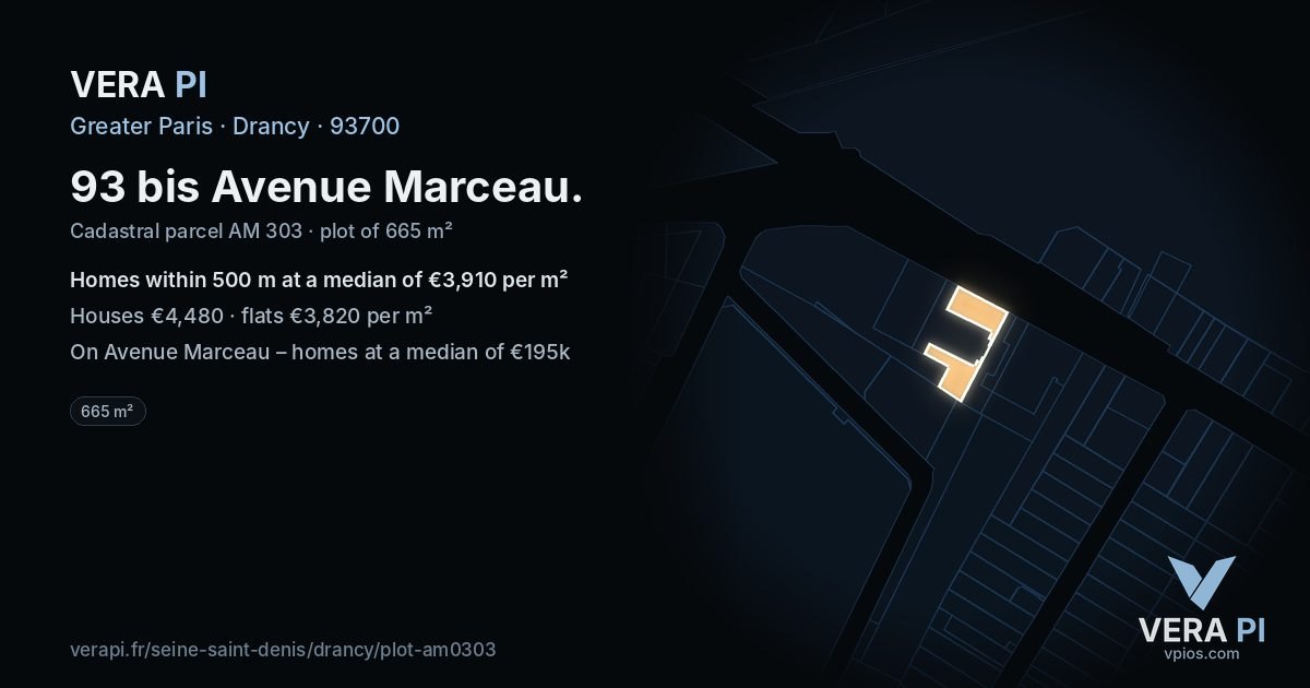 93 bis Avenue Marceau, Drancy at night – the plot lit, the parcels around coloured by the prices near them