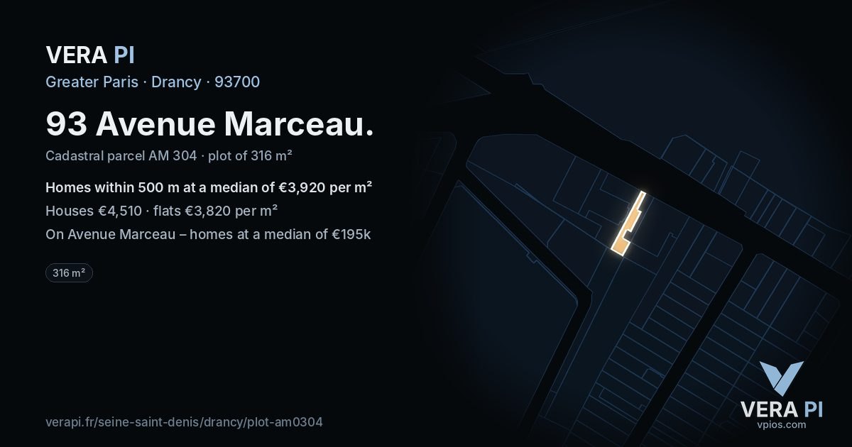 93 Avenue Marceau, Drancy at night – the plot lit, the parcels around coloured by the prices near them