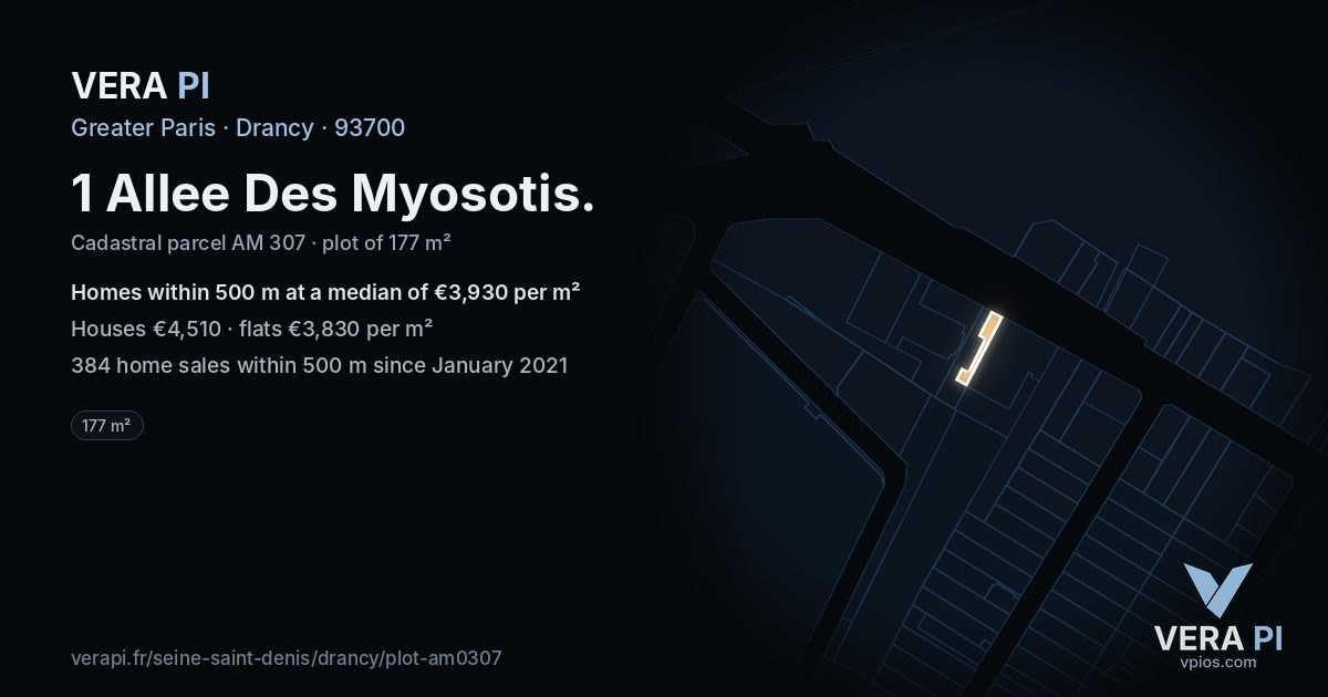 1 Allee Des Myosotis, Drancy at night – the plot lit, the parcels around coloured by the prices near them