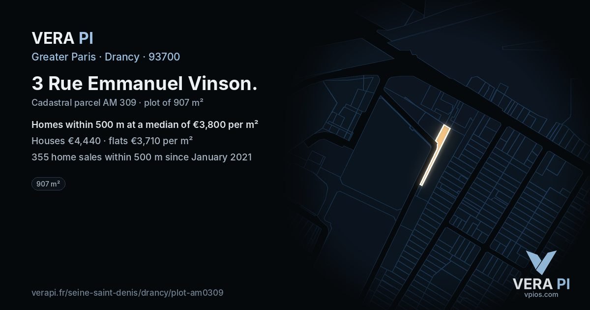3 Rue Emmanuel Vinson, Drancy at night – the plot lit, the parcels around coloured by the prices near them