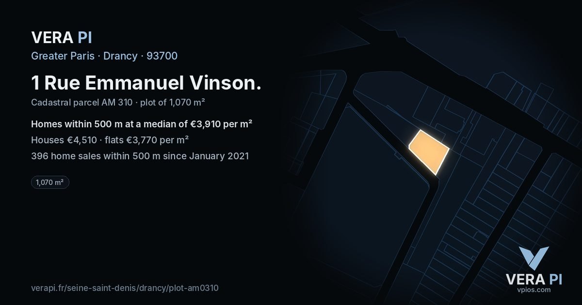 1 Rue Emmanuel Vinson, Drancy at night – the plot lit, the parcels around coloured by the prices near them